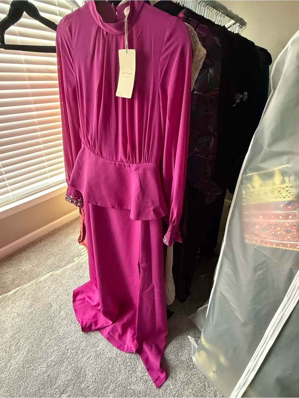 Fuchsia Long-Sleeve Peplum Maxi Dress